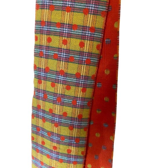 V. Fraas Cashmink Polka Dot & Plaid Reversible Scarf 80” Gold Orange Blue Plaid - Picture 2 of 6